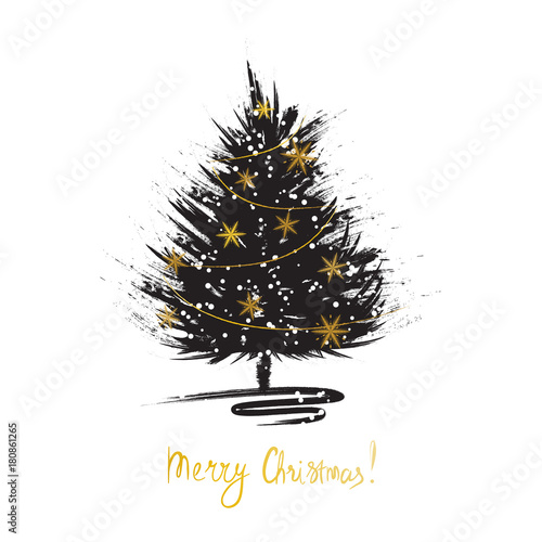 Christmas greeting card with Xmas tree sketch. Grunge fir with golden snowflakes