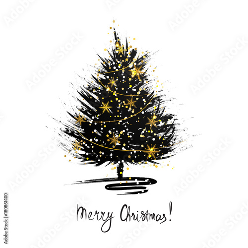 Christmas greeting card with Xmas tree sketch. Grunge fir with golden snowflakes