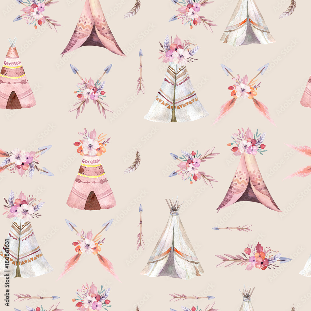 Hand drawn watercolor tribal teepee seamless pattern, Boho America traditional native ornament wigwam patterns. Indian bohemian decoration tee-pee with arrows and feathers. Hand drawn watercolor tribal teepee seamless pattern, Boho America traditional native ornament wigwam patterns. Indian bohemian decoration tee-pee with arrows and feathers.