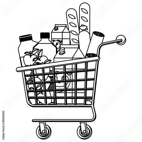 supermarket shopping cart with foods sausage and bread apples and drinks orange juice and water bottle and milk carton in monochrome silhouette