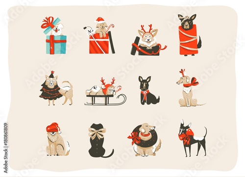 Hand drawn vector abstract fun Merry Christmas time cartoon icons illustrations collection set with mammal happy dogs in holidays xmas tree costumes isolated on white background
