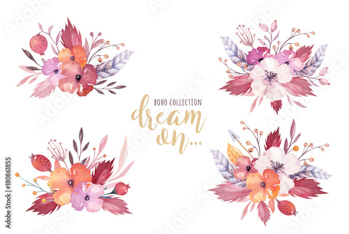 Hand drawn watercolor tribal floral bouquets isolated on white. Boho America traditional watercolour wedding native flowers and leaves. Burgundy and gold bouquet.