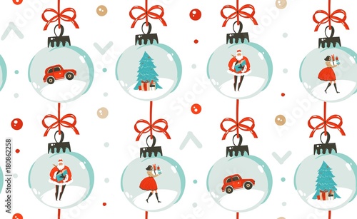 Hand drawn vector abstract fun Merry Christmas time cartoon illustration seamless pattern with Christmas vintage tree toys,people and Santa Claus isolated on white background