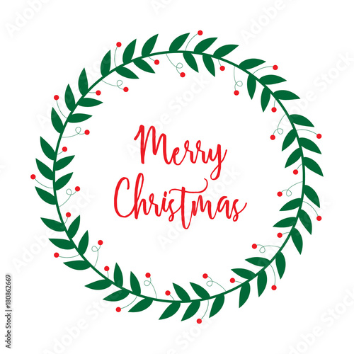 Merry Christmas mistletoe wreath, vector illustration. Graphic print, greeting card with leaves and red berries. Isolated on white background.