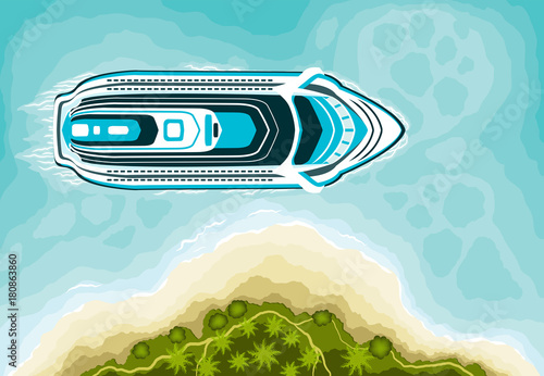 Cruise ship and tropical landscape, top view