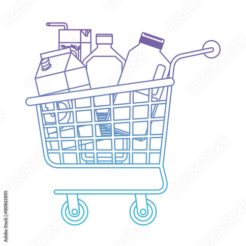 shopping cart with drinks juice and water bottle and milk carton in degraded purple to blue color contour