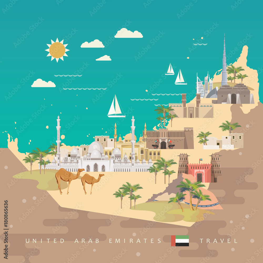 Fototapeta premium Vector travel poster of United Arab Emirates . UAE template with modern buildings and mosque in light style.