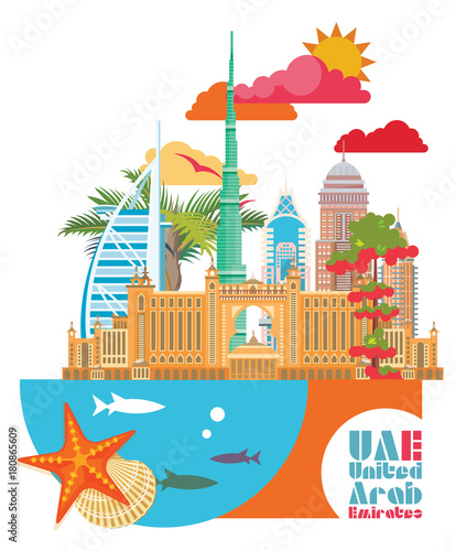 Vector travel poster of United Arab Emirates . UAE template with modern buildings and mosque in light style.