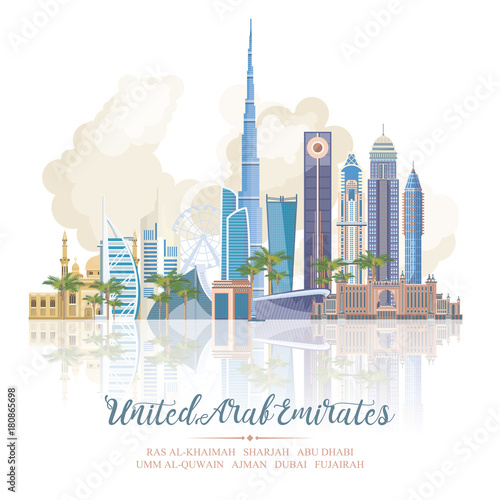 Vector travel poster of United Arab Emirates . UAE template with modern buildings and mosque in light style.