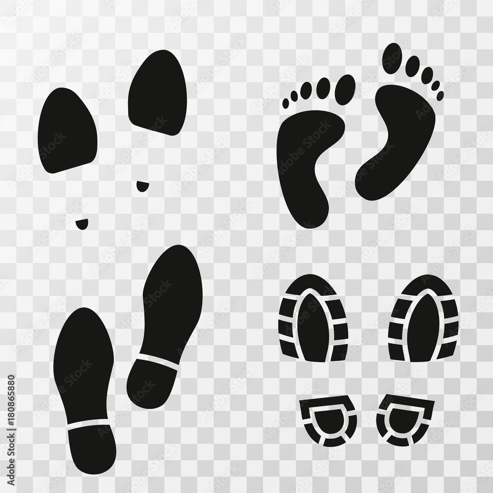 Footprint shoes. Footsteps. Footprints. Shoe and bare foot print