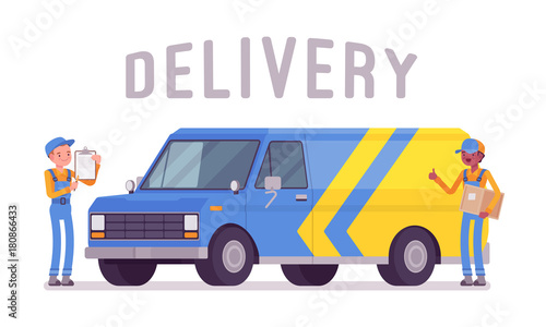 Delivery van and workers