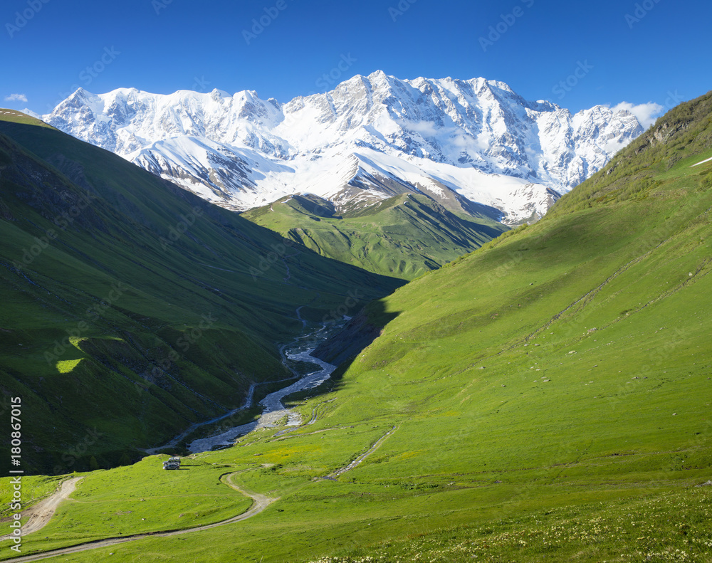 alpine view to green hills and snowed peaks in Georgia in summer day