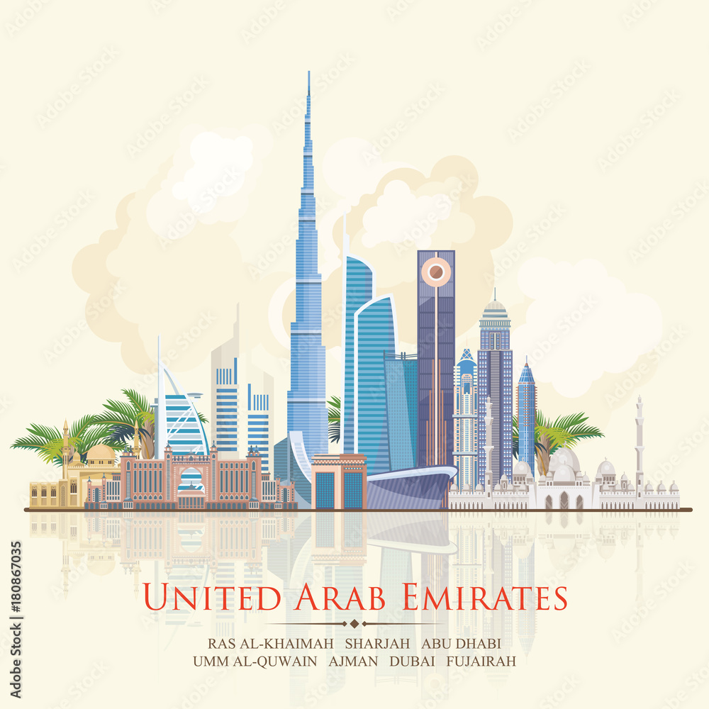 Obraz premium Vector travel poster of United Arab Emirates . UAE template with modern buildings and mosque in light style.