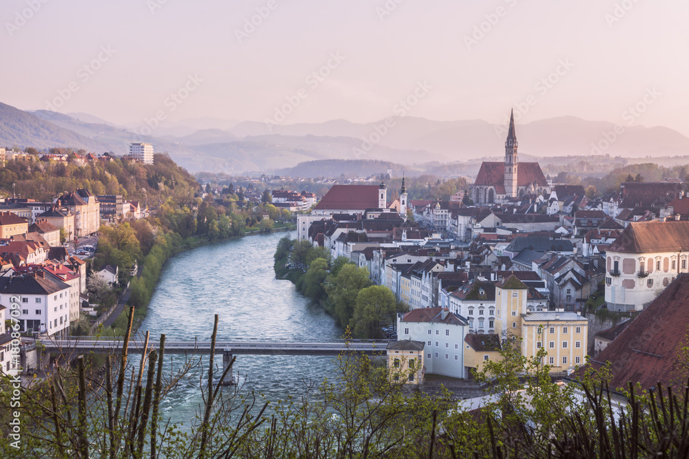 Panorama of Steyr at sunset