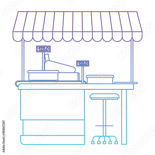 supermarket shelf with weighing machine and cash register point with sunshade in degraded purple to blue color contour