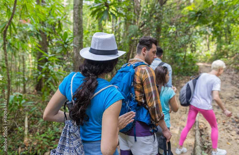 People Group With Backpacks Trekking On Forest Path Back Rear View, Mix Race Young Men And Woman On Hike Tourists Adventure Activity People Group With Backpacks Trekking On Forest Path Back Rear View, Mix Race Young Men And Woman On Hike Tourists Adventure Activity
