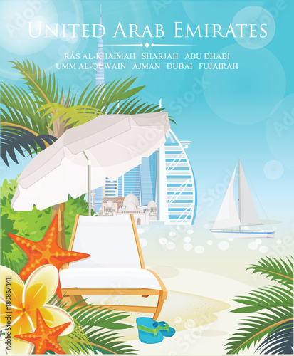 Vector travel poster of United Arab Emirates . UAE template with modern buildings and mosque in light style.