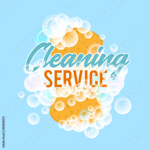Clraning service logo or badge. Realistic vector illustration of sponge for washing with foam bubbles