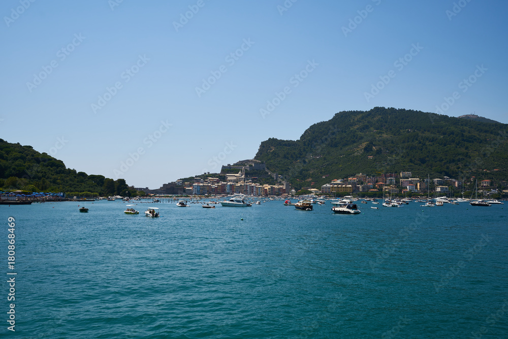 View of the beach and boats in Portovenere View of the beach and boats in Portovenere
