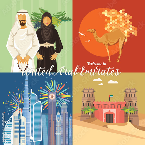 Vector travel poster of United Arab Emirates . UAE template with modern buildings and mosque in light style.