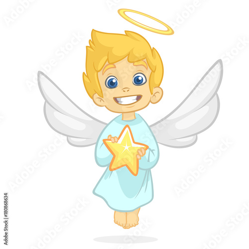 Cute cartoon angel holding a star. Christmas cartoon. Vector illustration isolated.