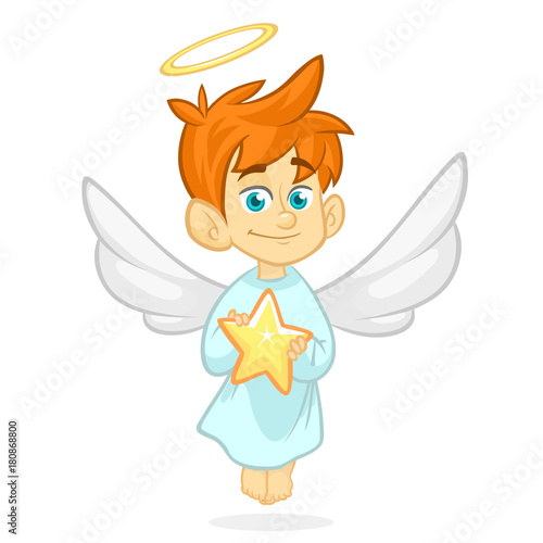 Vector cartoon illustration of Christmas angel with nimbus and wings. Cupid cartoon
