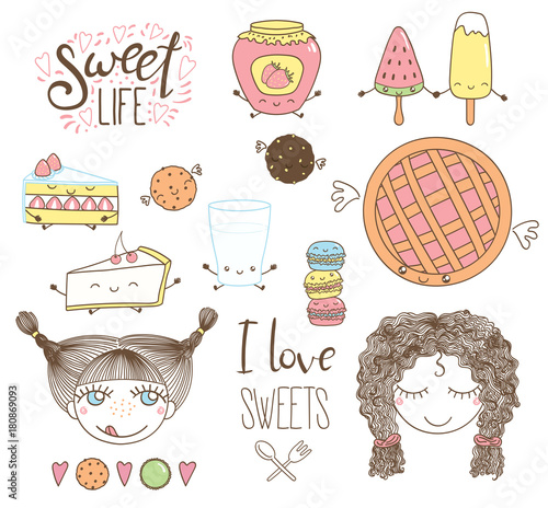 Set of different hand drawn sweet food doodles, with kawaii cartoon faces, wings, arms and legs, girl faces, typography elements. Isolated objects on white background. Design concept dessert, kids.