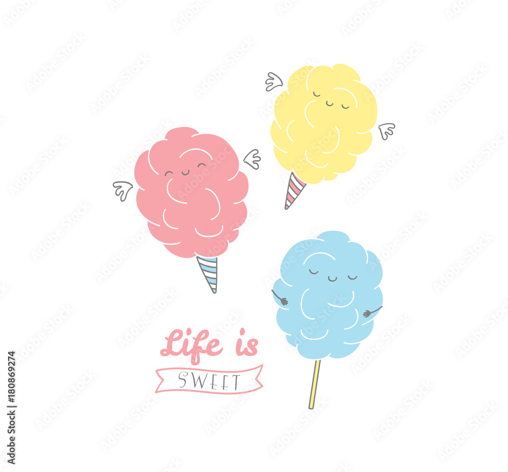 Hand drawn vector illustration of cute cotton candy, with text Life is  sweet. Isolated objects on white background. Design concept dessert, kids,  greeting card, motivational poster. Stock Vector