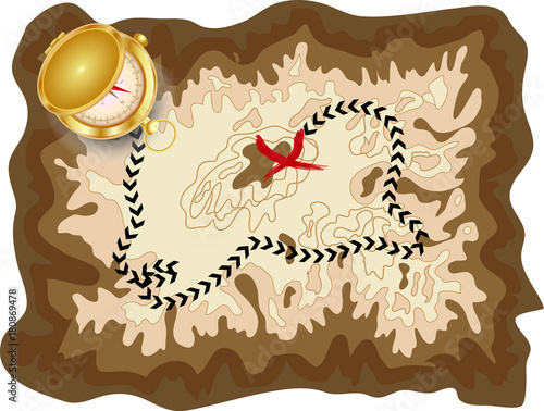 A pirate old map on a yellow parchment with a marked route and a red mark with a golden compass lying on it, encrypted messages