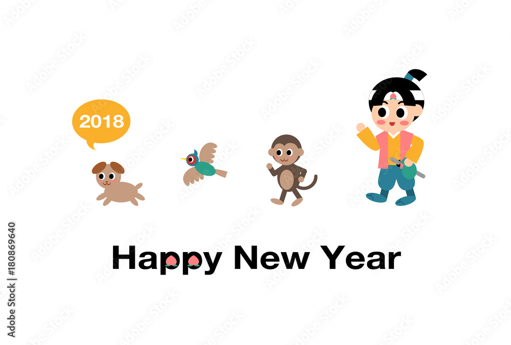 18年戌年の年賀状イラスト 桃太郎と犬 猿 雉 Stock Vector Adobe Stock 18年戌年の年賀状イラスト 桃太郎と犬 猿 雉 Stock Vector Adobe Stock