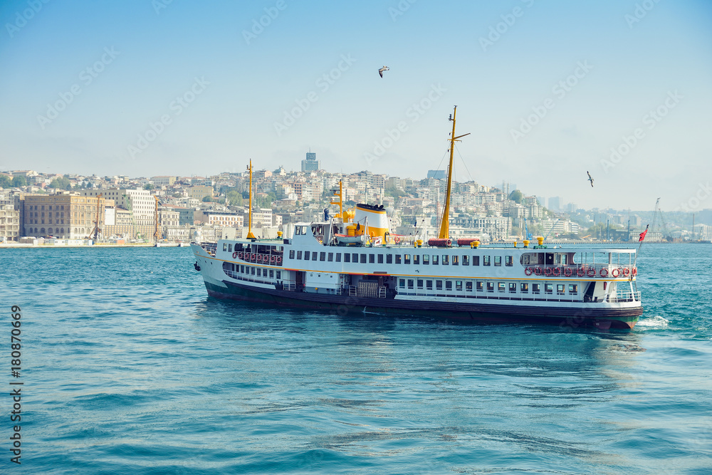 The ship carries passengers along the Bosporus Strait.
