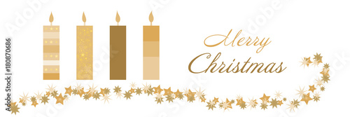 Christmas time. Christmas card with four candles in golden colors. Text : Merry Christmas.