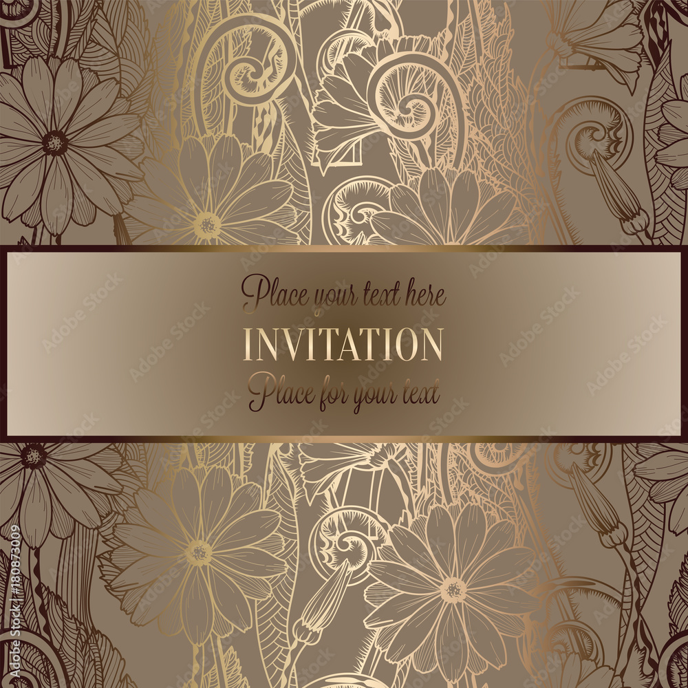 Abstract background with flowers, luxury beige and gold vintage tracery made of daisy flowers, damask floral wallpaper ornaments, invitation card, baroque style booklet, fashion patter