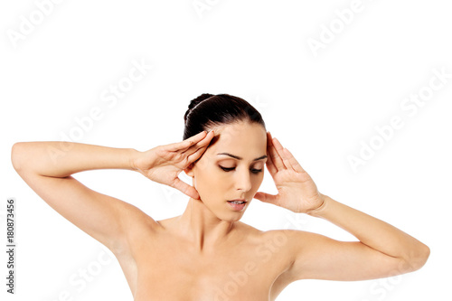 Beautiful woman face close up studio. Isolated on white.