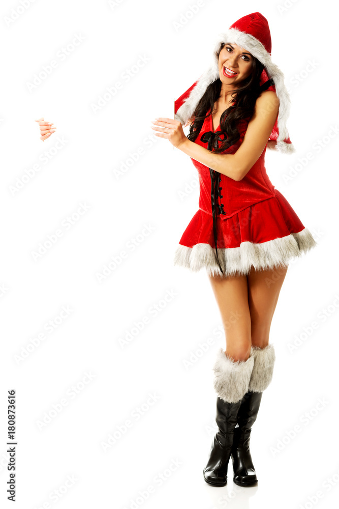 Santa woman holding empty banner Santa woman holding empty banner