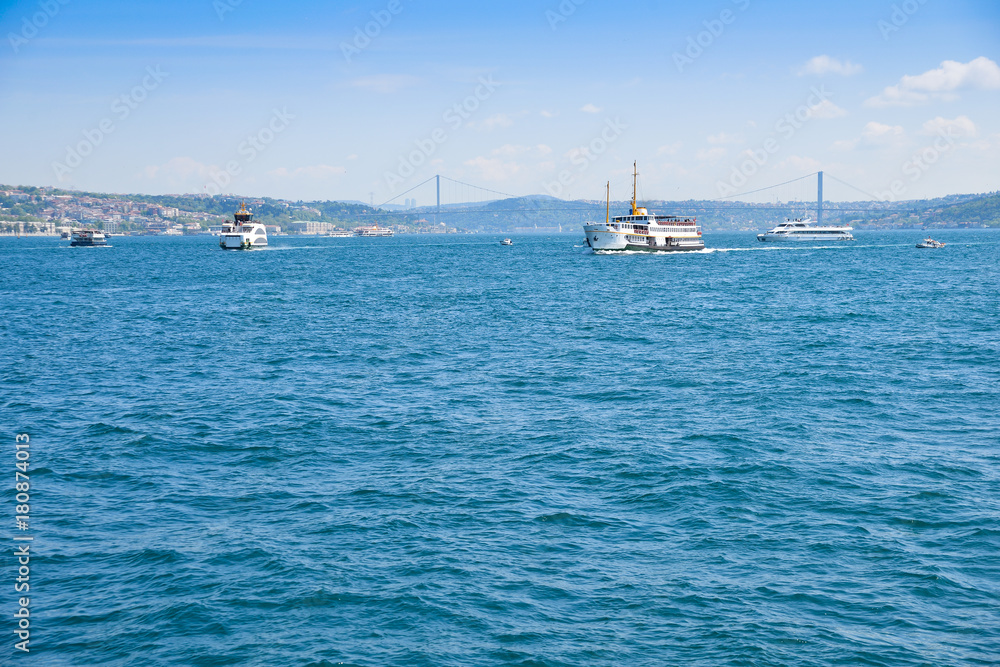 The ship carries passengers along the Bosporus Strait.
