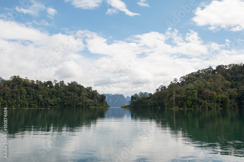 lake view blue sky in ratchaprapa dam sutathani thailand