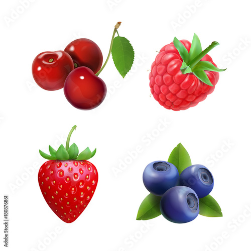 Realistic berry set. Strawberry, raspberry, blueberries, cherry illustration.