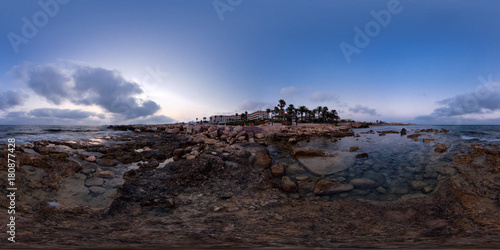 Evening view of the city Paphos, Cyprus. Coast line with stones, sea, sand, beach, trees. 360 degree spherical panorama or hdr map.