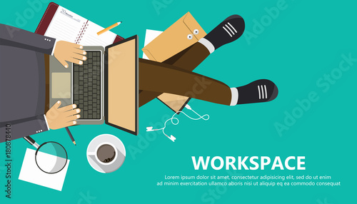 Work space business banner. Man sitting on the floor and holding lap top. View from the top. Flat vector illustration