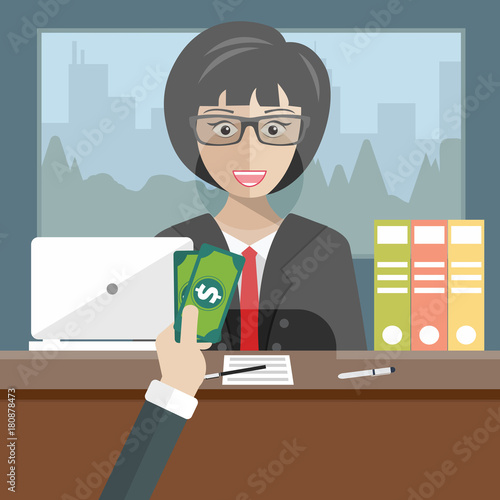 Bankteller sitting behind glass. Woman clerk in a bank office receiving money. Flat vector illustration