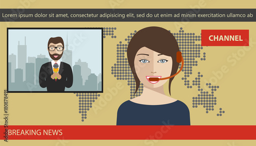 Breaking news concept. News anchor broadcasting the news with a reporter live on screen. Flat vector illustration
