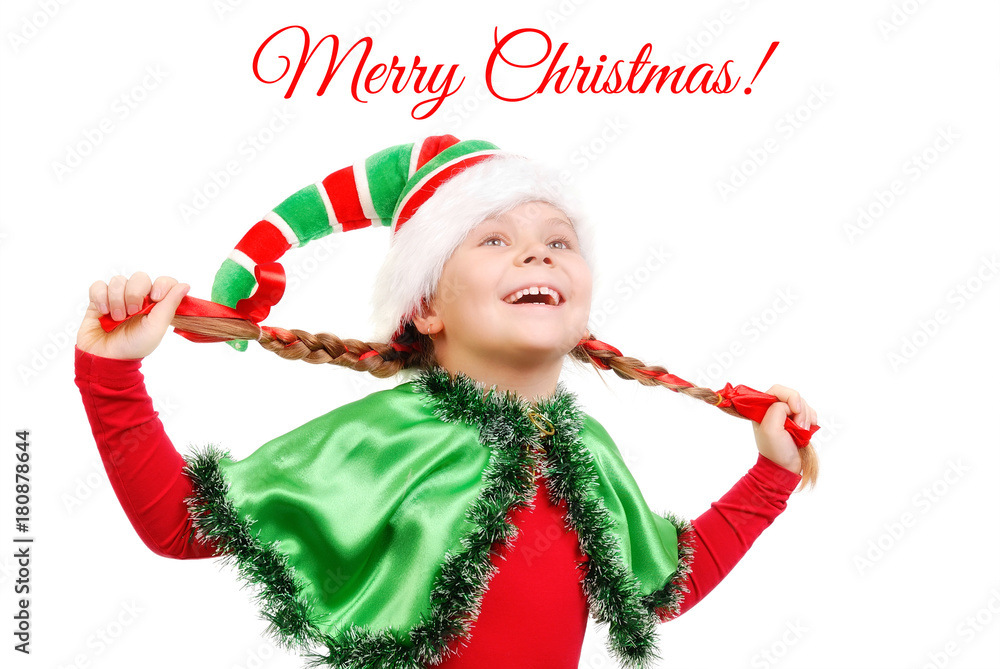Girl in suit of Christmas elf over white