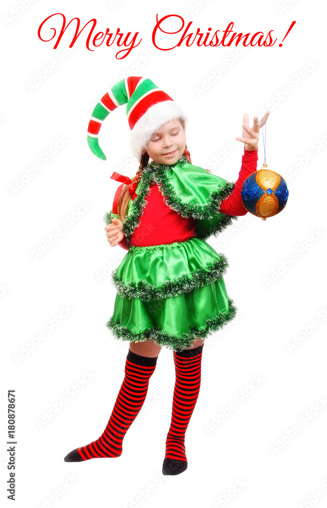 Santa's elf with a Christmas ball over white Santa's elf with a Christmas ball over white