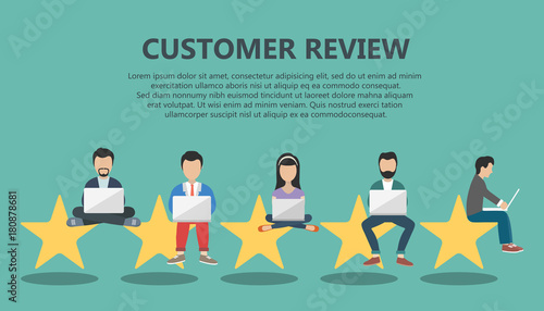 Concept of feedback, testimonials messages and notifications. Rating on customer service illustration. Five big stars with people sitting on them and giving reviews on their lap tops. Flat vector