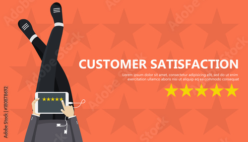 Rating on customer service illustration. Man sitting on the floor and holding tablet in his lap. Website rating feedback and review concept. Flat vector illustration