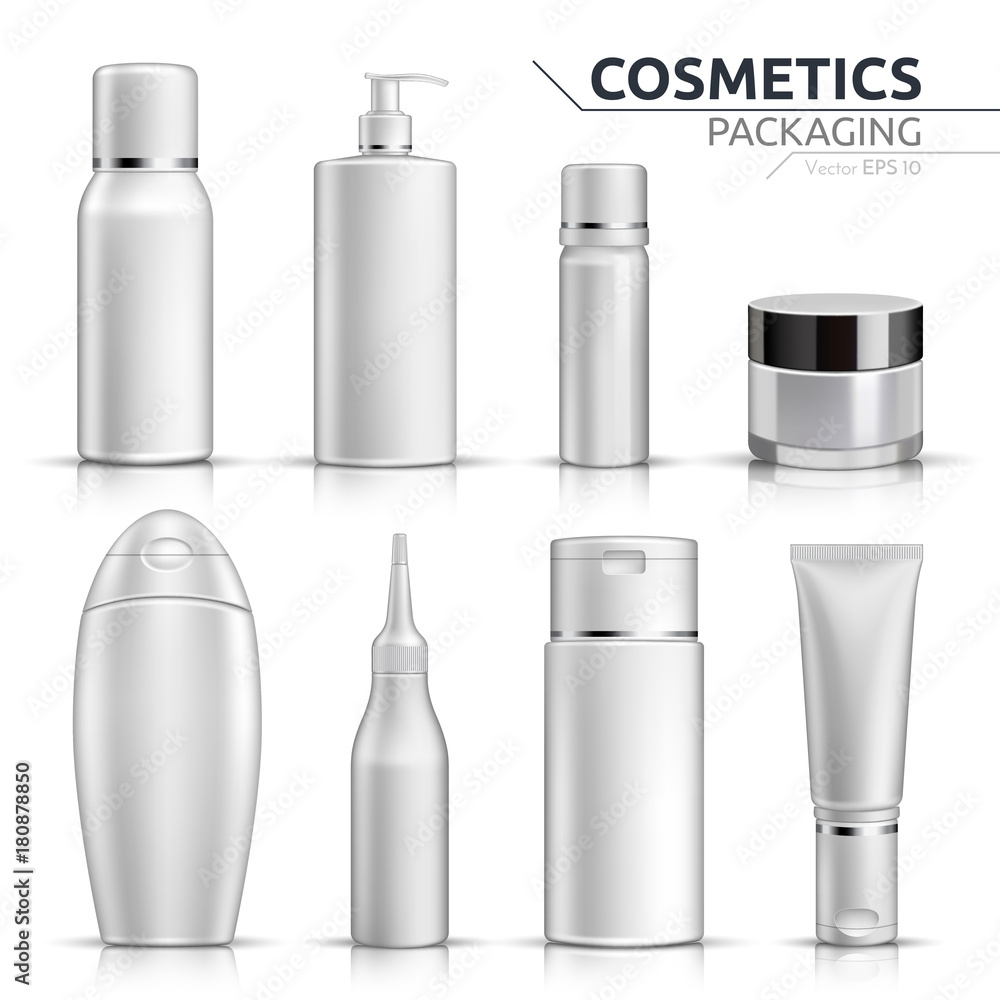 Realistic Cosmetic bottles mock up set on white background. Blank templates of empty and clean white plastic containers. Vector packaging tubes collections Realistic Cosmetic bottles mock up set on white background. Blank templates of empty and clean white plastic containers. Vector packaging tubes collections