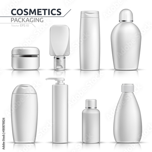 Realistic Cosmetic bottles mock up set on white background. Blank templates of empty and clean white plastic containers. Vector packaging tubes collections