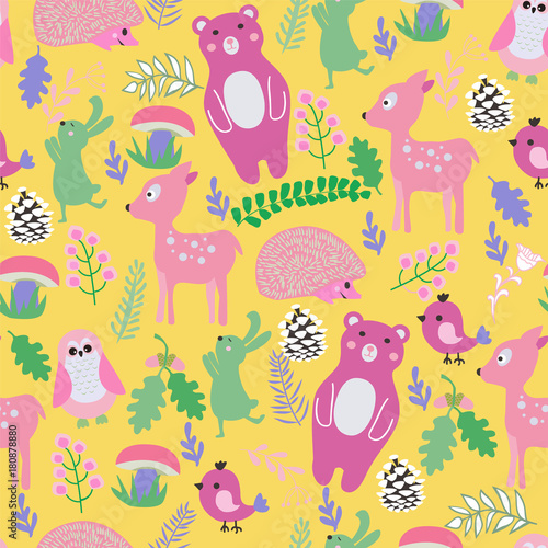 pattern with cute cartoon forest animals baby shower background.