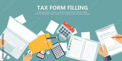 Tax form filling. Tax payment. Government, state taxes. Data analysis, paperwork, financial research, report. Businessman calculation tax return. Flat design. Tax form vector. Payment of debt.